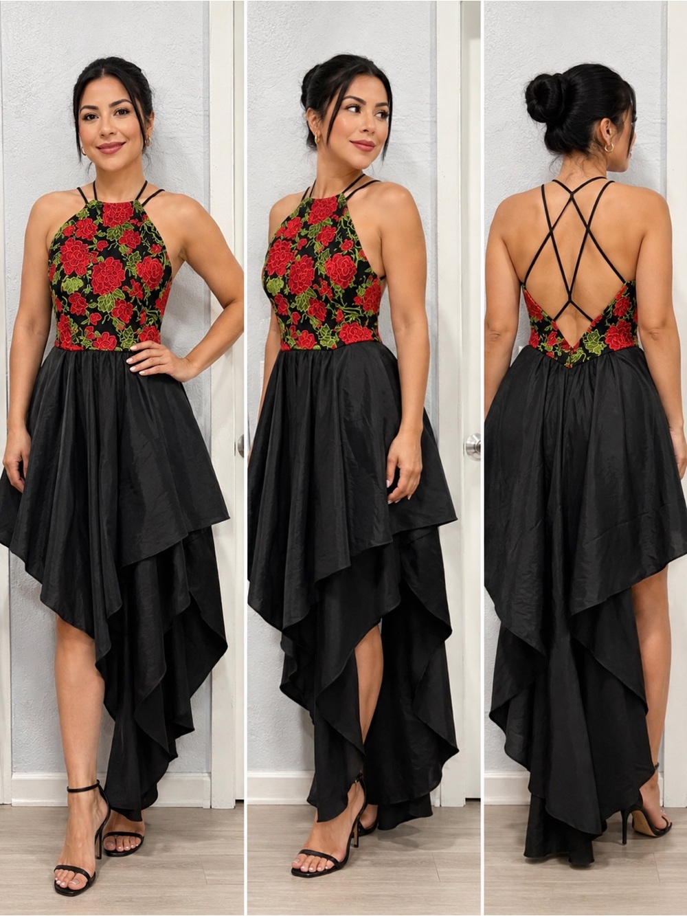 bebe Black High-Low Dress with Red Rose Embroidered Bodice